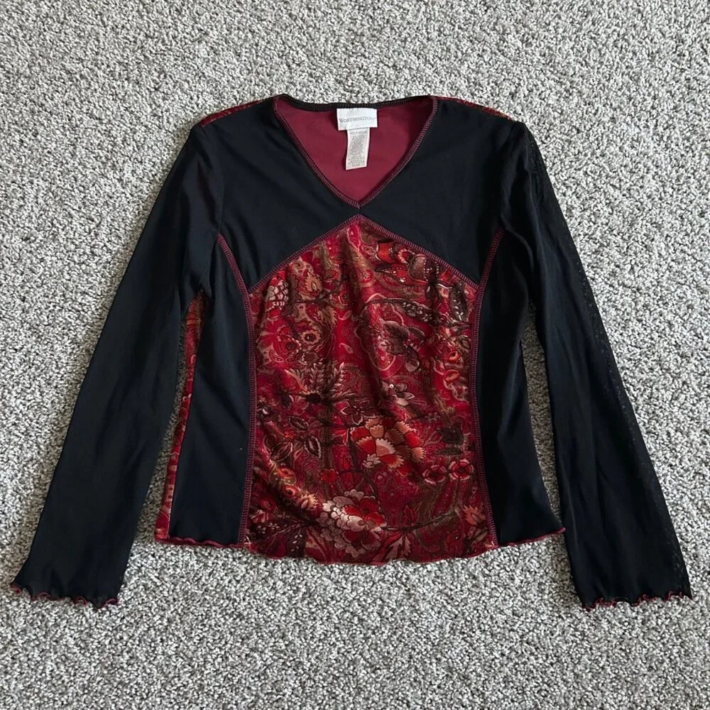 Worthington Womens Y2K Medium Floral Velvet & Black Long Sleeve V-Neck Top - Picture 2 of 11